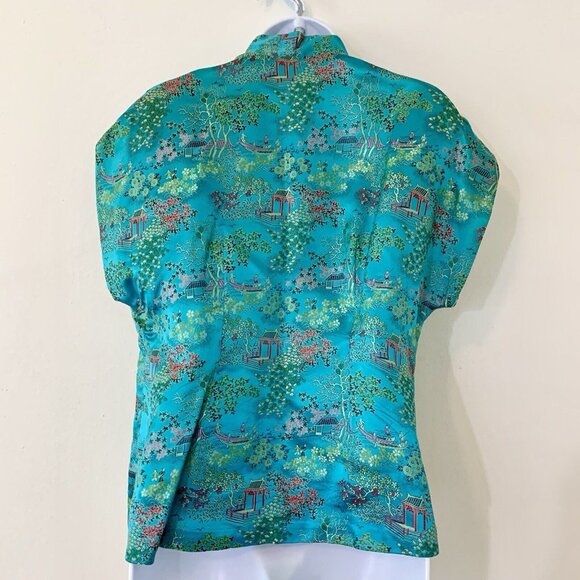 Vtg PEONY Brand Kimono Jacket Turquoise Floral Embroidery S/S Shirt Women SZ S - Picture 2 of 4